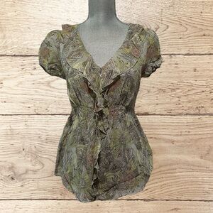 ANTHROPOLOGIE ODILLE Green Floral Blouse 100% Silk - Size 2